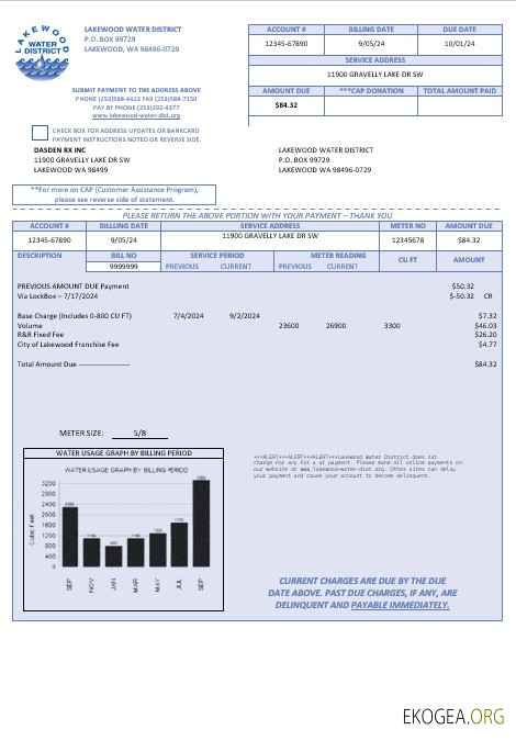 Modèle de facture de services publics pour les entreprises du Lakewood Water District des États Unis aux formats Word et PDF